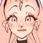 A character reference sheet of Popuri from Harvest Moon. She has light skin, pale pink, curly hair, and vivid red eyes. She is wearing a dark brown headband, choker and bracelet, puffy, white, short sleeves, a lighter brown tie-up corset and full-length